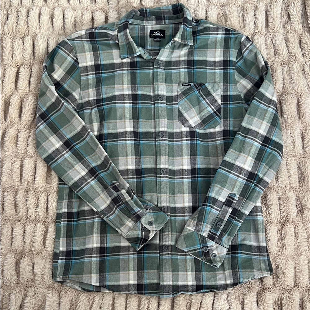 O’Neill Men’s Plaid Flannel Button Up Shirt Green Blue Size Large